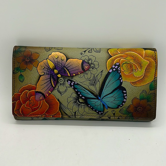 Anuschka Anna Beautiful Gray Flowers & Butterflies Shoulder Purse Bag w/ Wallet - Picture 11 of 14